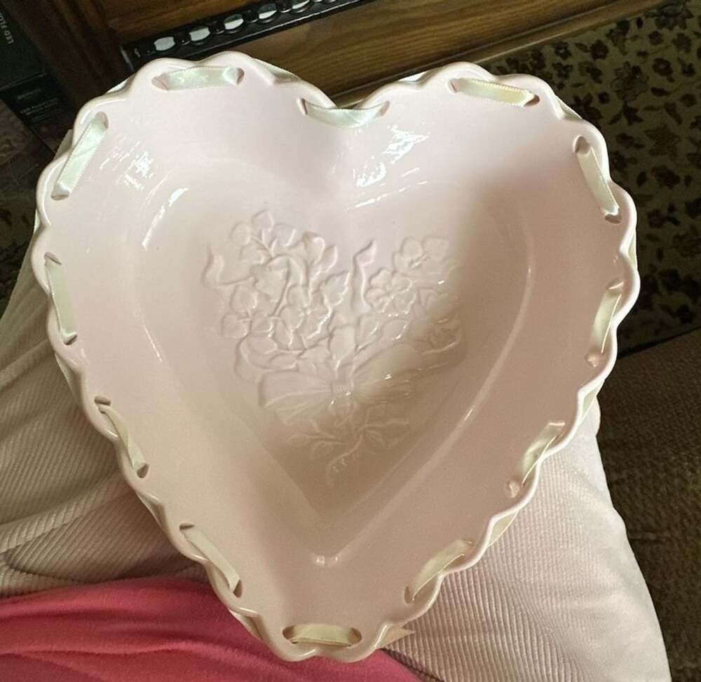 Longaberger Pink Pottery Sweetest Heart Embossed Floral Pierced Dish Bowl